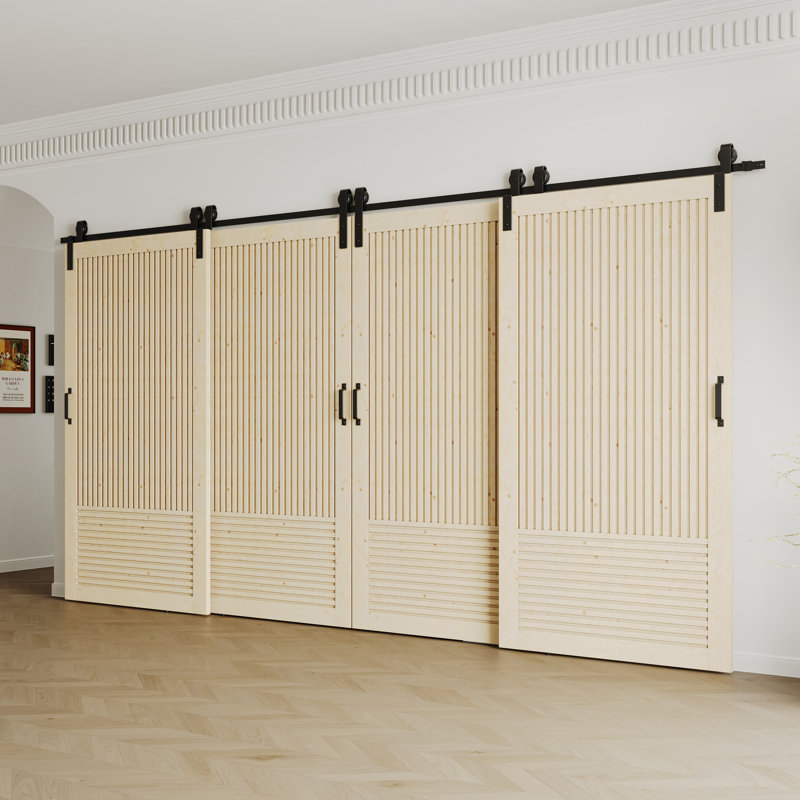 Ensemble de porte de grange coulissante - 4 portes en bois de pin à lattes avec quincaillerie de dérivation noire (panneaux non assemblés)