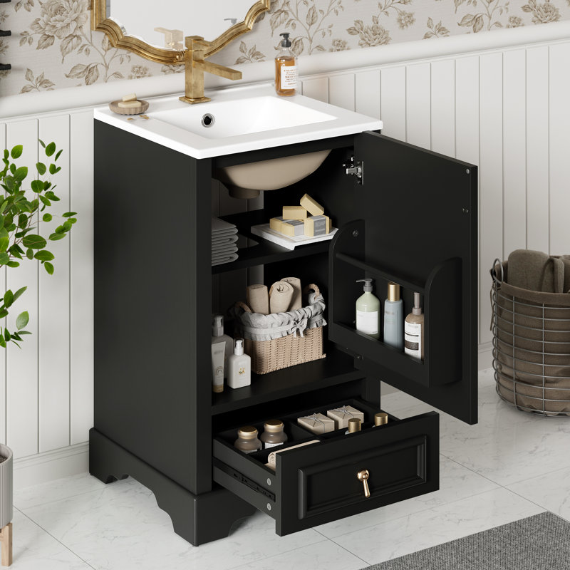 20" Single Bathroom Vanity With Ceramic Top, Black, Gold