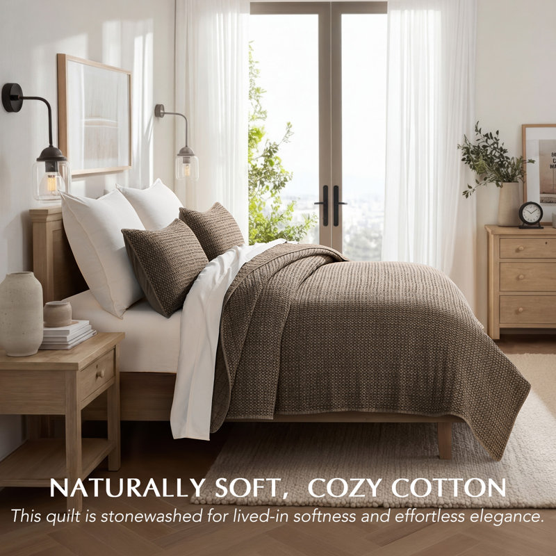 Stonewashed 100% Natural Cotton Waffle Quilt Set, Queen Quilt + 2 Standard Shams, Mushroom Brown