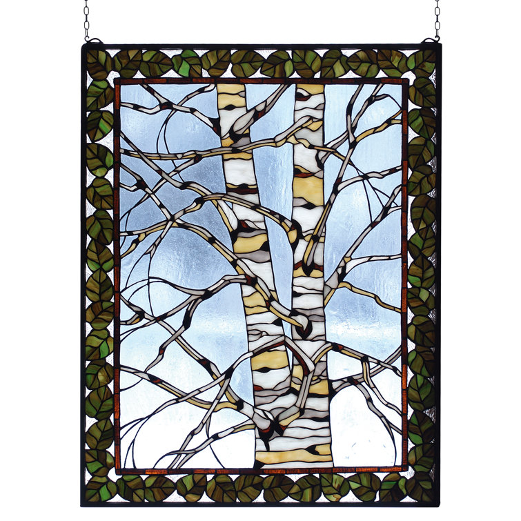 Rustic Lodge Birch Tree in Winter Stained Glass Window Panel