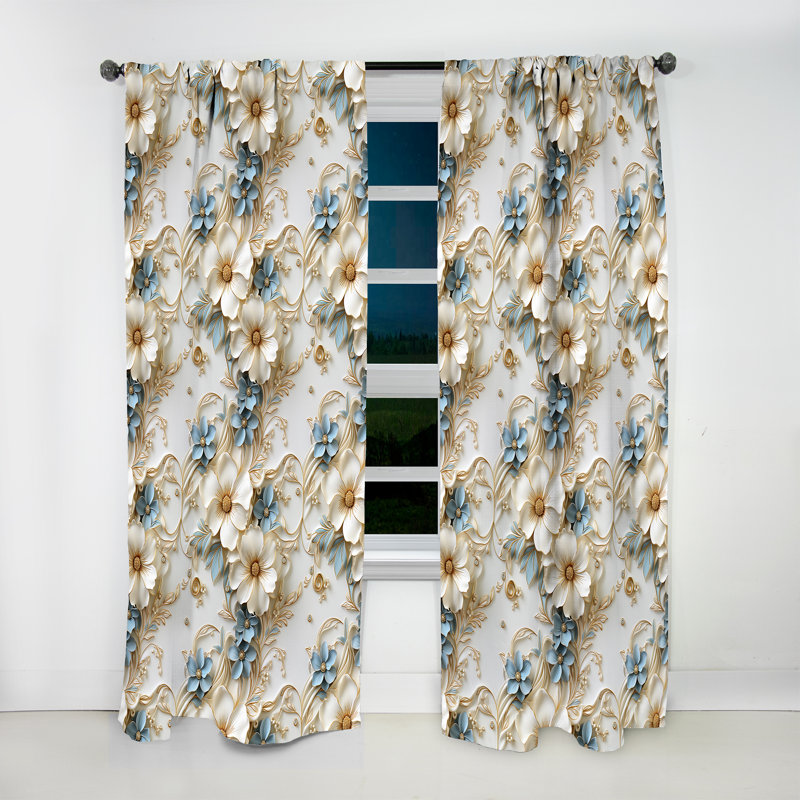 Golden White And Blue Flowers Elegance I - Glam Curtain - Velvet Room Darkening - 1 panel, 52" W x 108" L