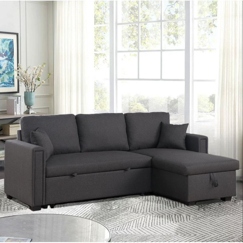 Dishaan Convertible Sleeper Sofa with Reversible Chaise, Dark Gray 100% Polyester