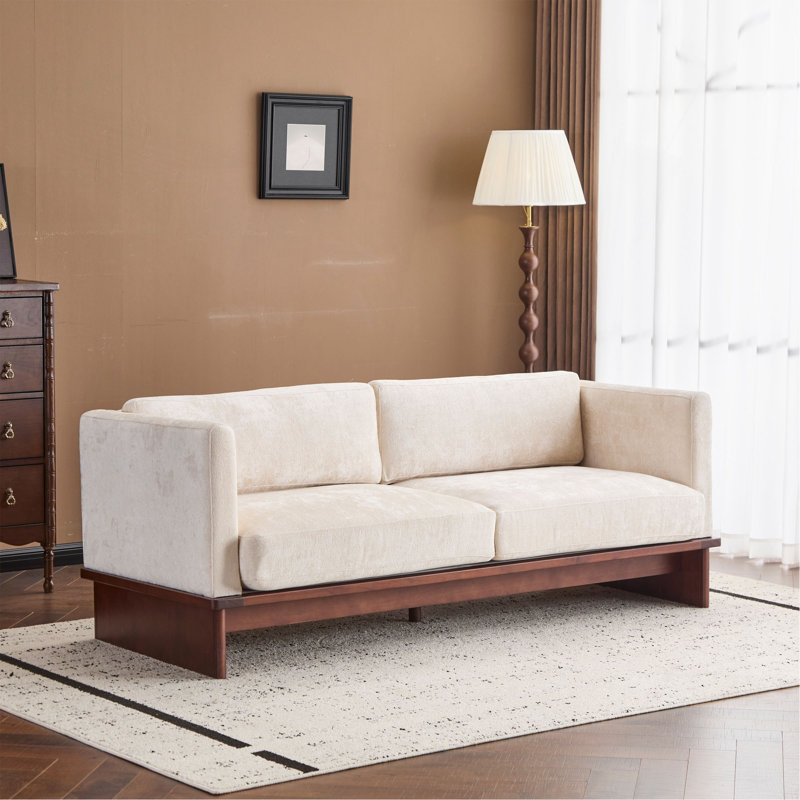 77 po Canapé rembourré carré à 3 places avec accoudoirs et base en bois massif, Beige