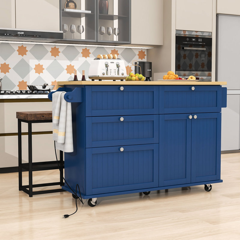Îlot de cuisine Rosauro avec armoire de rangement, 4 tiroirs et porte-serviettes, Bleu