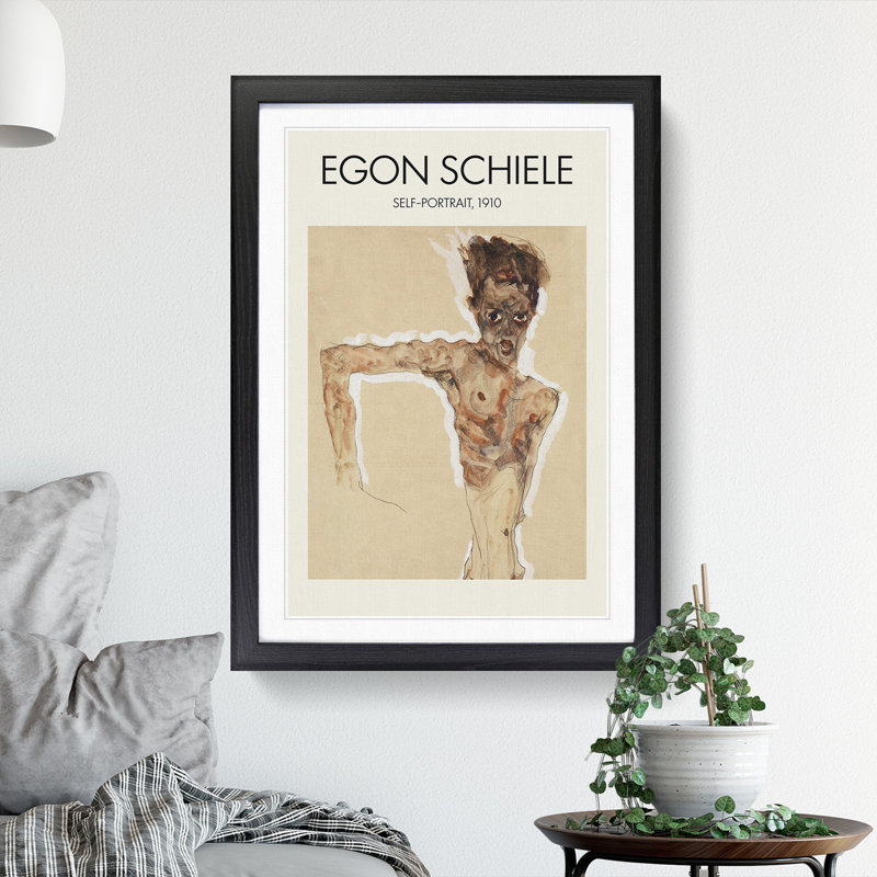 Self Portrait by Egon Schiele - Picture Frame Painting, 48cm H x 36cm W x 2cm D, Black
