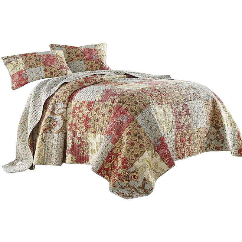 Leslie King Brown Cotton Reversible Patchwork Quilt Set