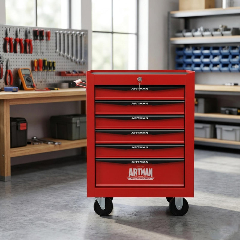 Coffre à outils roulant en métal avec 6 tiroirs, armoire d'appoint, Rouge / Noir