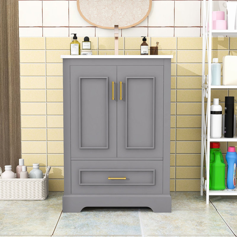  Meuble-lavabo avec lavabo, 2 portes et 1 tiroir, Gris, 24"