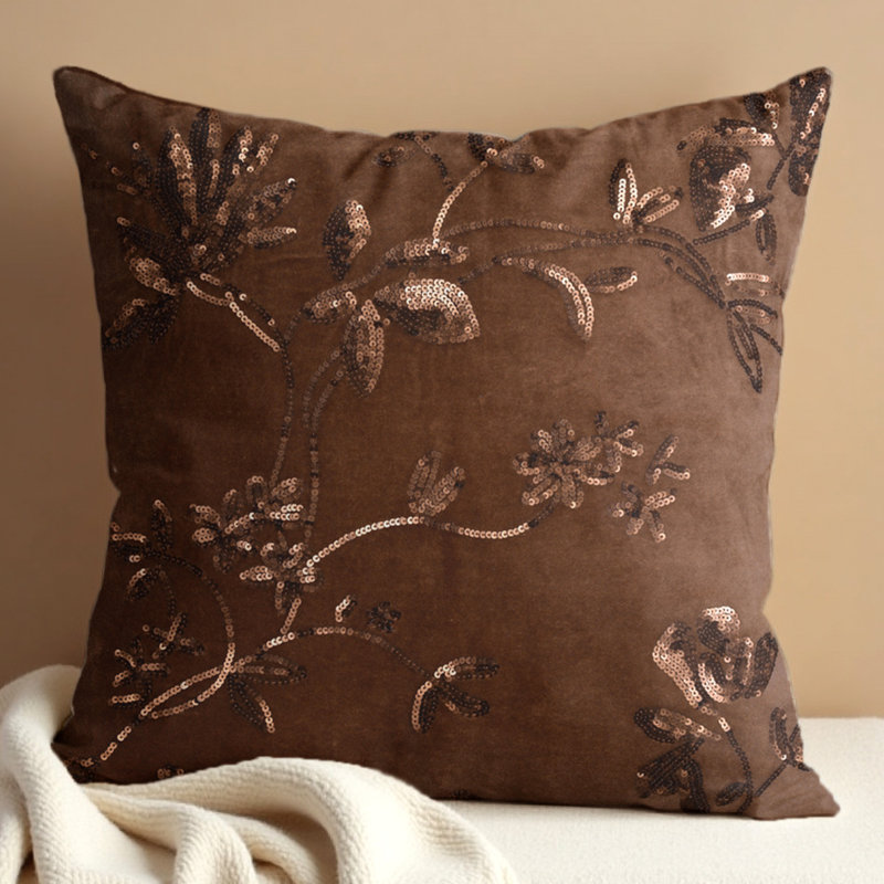 Ensemble de housses de coussin en lin et velours brun avec broderie - Décoration de Noël 18 x 18 pour canapé et lit, 18 x 18