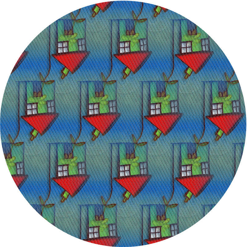 Tapis vert/rose à motifs, Rond 5 pi
