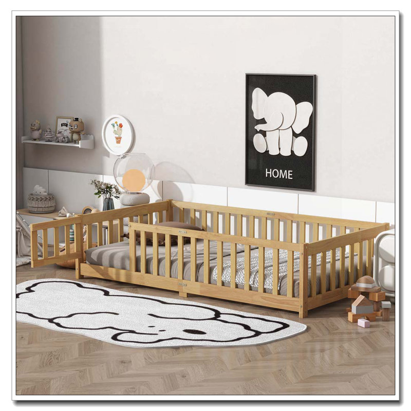 Lit en bois avec clôture et porte, Lit simple, Naturel