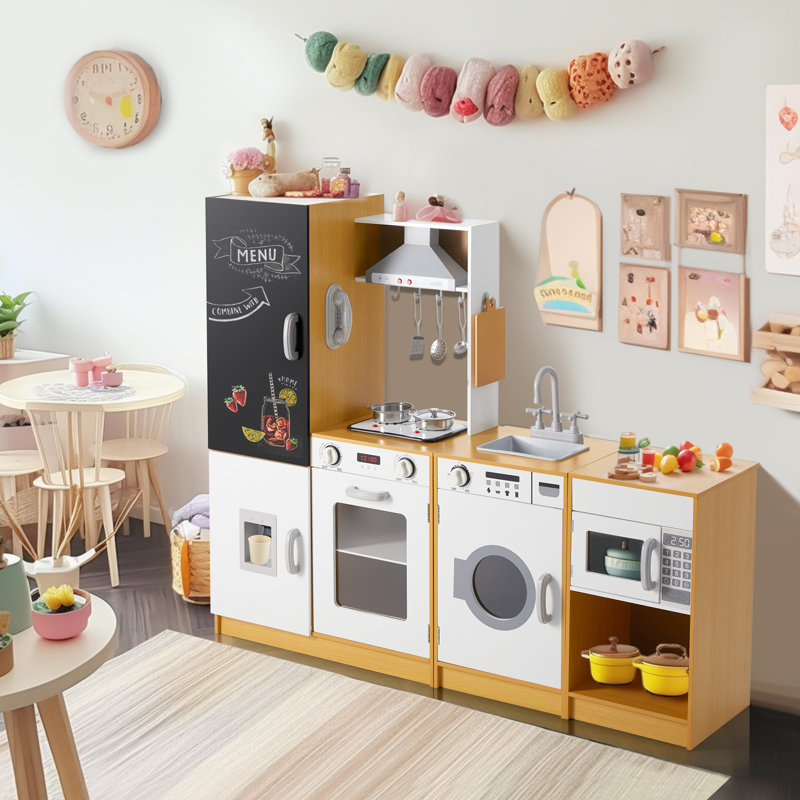 Beige and White Wooden Kids Play Kitchen Set with Real Sound and Light