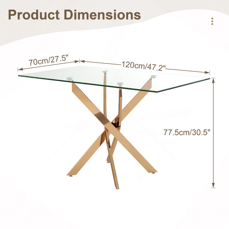 Table de salle à manger rectangulaire, table de salle à manger en verre de 47,24 po avec pieds, table de cuisine moderne pour la maison, salle à manger