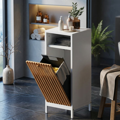 Freestanding Storage Cabinet with Bamboo Front and Removable Laundry Hamper for Bathroom, Bedroom, and Laundry Room Organization