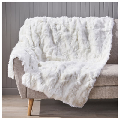 Jeté luxueux en fausse fourrure blanche - Style glam doux et moelleux pour canapé et lit