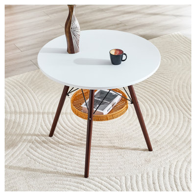 Table de salle à manger ronde 31,5 po avec panier de rangement tissé, plateau en panneau de fibres à densité moyenne blanc et pieds en bois de noyer massif