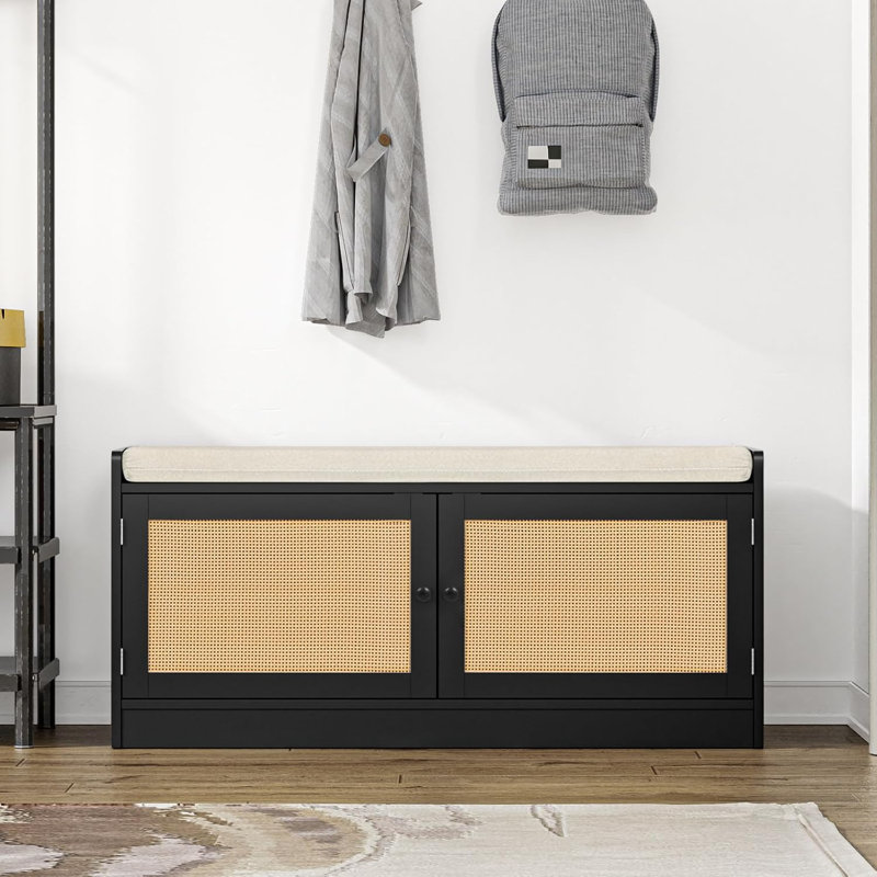 Banc de hall d'entrée en rotin avec rangement pour chaussures Dannelley, Noir, noir, noir, noir