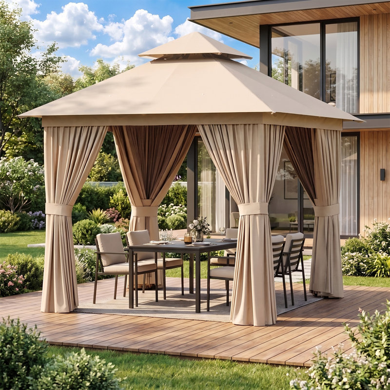 Gazebo de terrasse extérieure de 2,4 m x 2,4 m avec toit à deux étages, moustiquaire et rideaux d'intimité