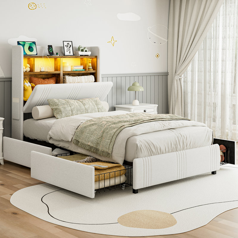 Twin XL Size Bed Frames With Wingback Hidden Storage Headboard & 4 Storage Drawers, 49.2" Tall Upholstered Headboard With Led Lights And Charging Station, No Box Spring Needed, Solid Wood Slats, Noise Free, White