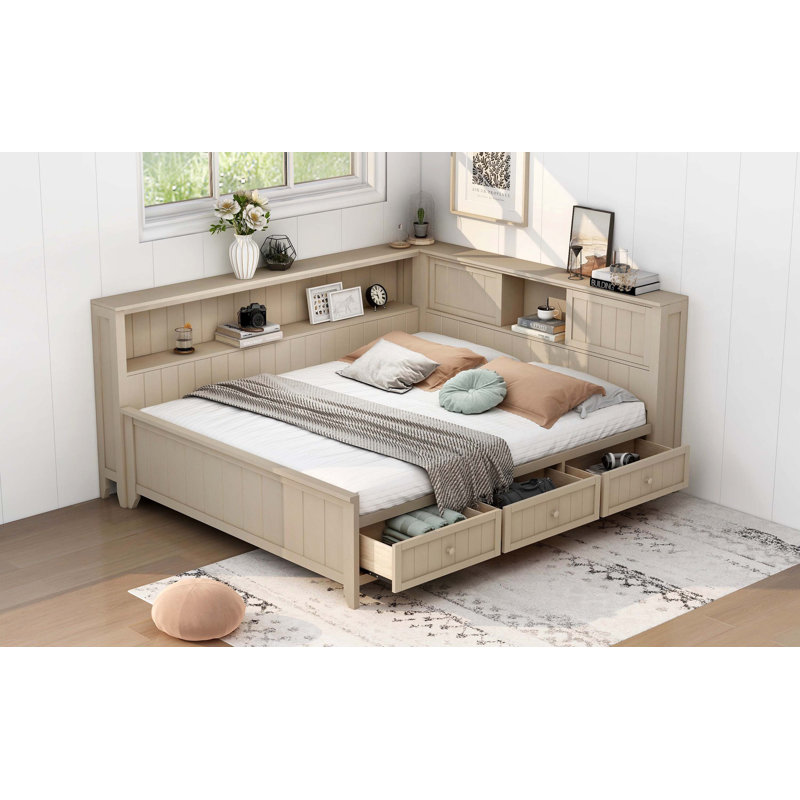 Full Size Wood Practical Daybed With Organizer Shelves And Three Spacious Under Bed Storage Drawers, Antique White Milk Finish