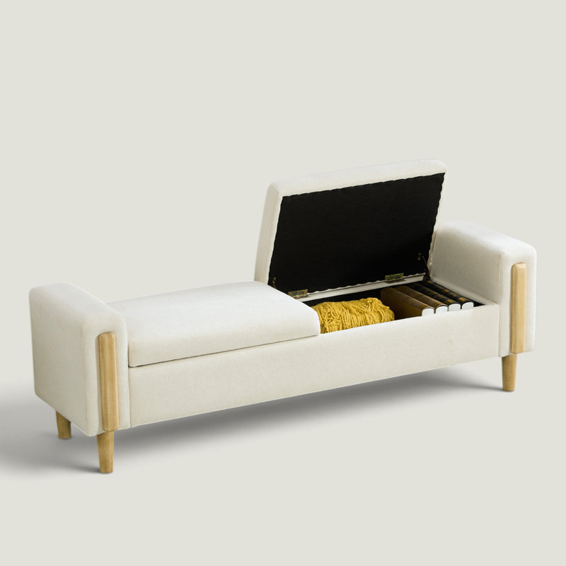 Banc de rangement rembourré l 65,6 po avec double couvercle rabattable et pieds en bois massif, Beige