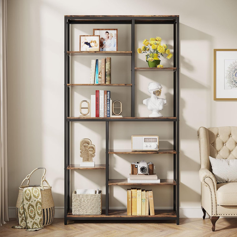 79" Industrial Modern Bookcase, 8-Shelf Staggered Etagere Display Shelf For Living Room, Home Office