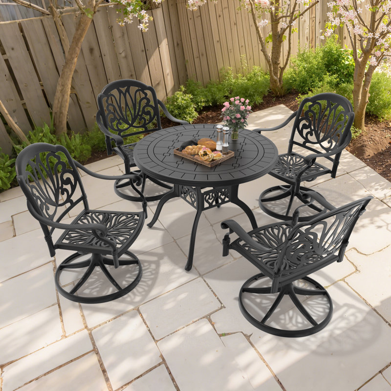 5-Piece Round Cast Aluminum Patio Dining Set with Swivel Chairs & Brown Cushions, 28.35" H x 39.37" L x 39.37" W