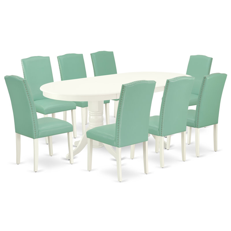 Ensemble de table de salle à manger 9 pièces comprenant une table de cuisine ovale avec rallonge papillon et 8 chaises de salle à manger Parson en similicuir, blanc lin