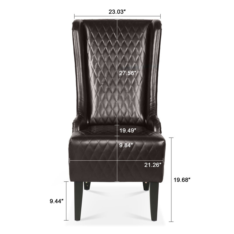 Chaise de salle à manger à dossier haut en similicuir 23 po avec oreilles et pieds en bois, Marron foncé
