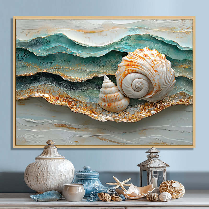 Coquillage et sable émeraude II - art mural bord de mer, H 12 po x l 20 po, Cadre flottant, Doré
