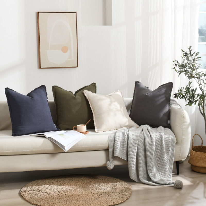 Cozy Soft Washed Linen Textured Boho Farmhouse Pillow Cover With Tassels Edge, Square 18", Natural Linen
