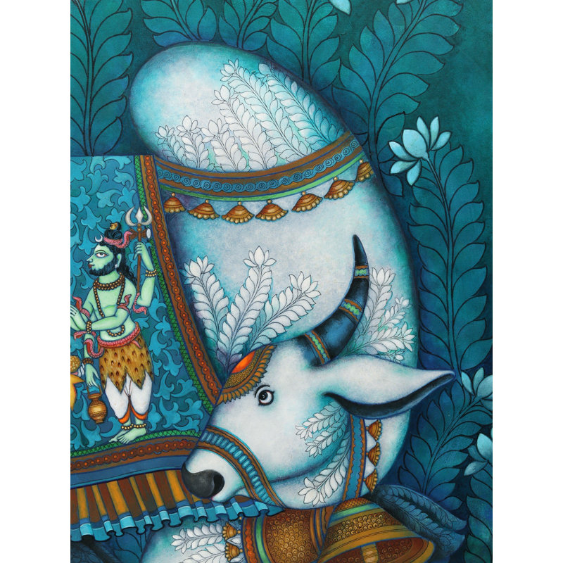 "Divine Family", art mural acrylique sur toile encadré Shiva, Parvati & Ganesha