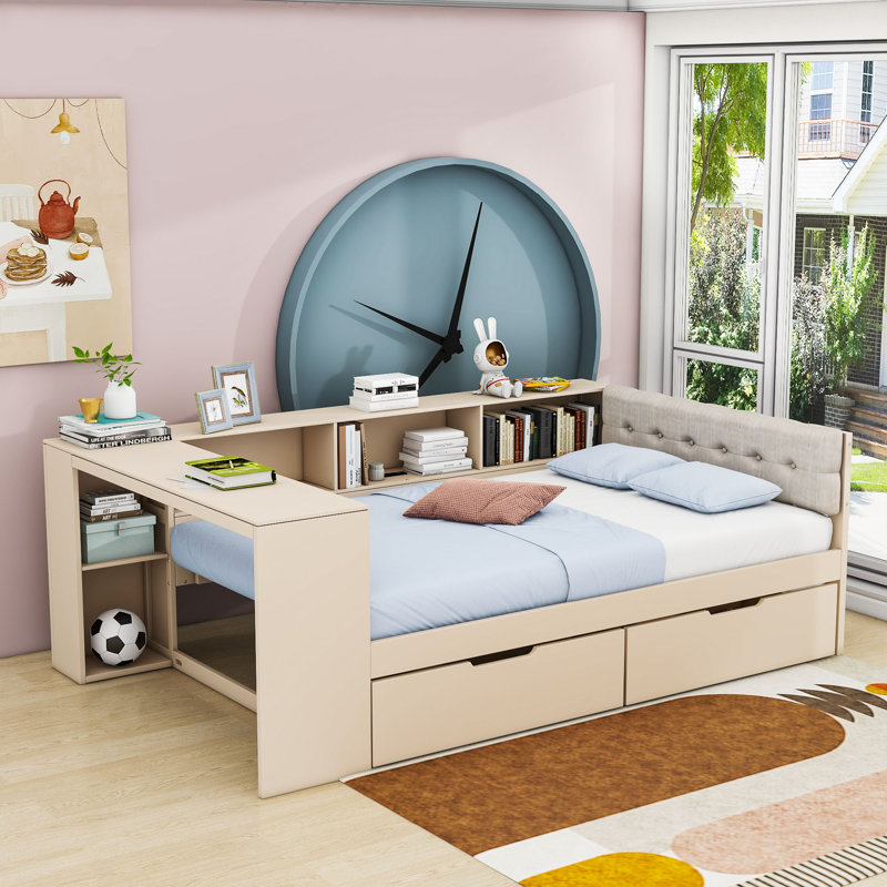 Lit plateforme à deux tiroirs en bois avec tablettes de rangement et station de charge, Complet/Double, Crème, crème