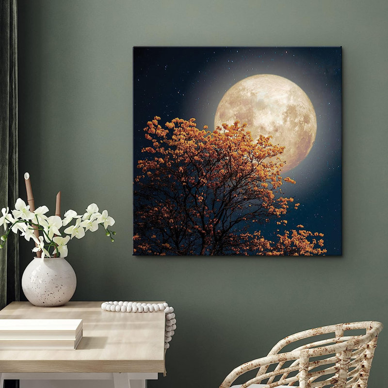 Cerisier en fleurs avec récolte pleine lune sur toile, H 12 po x l 12 po x P 1,5 po