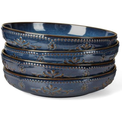 Bols à pâtes, grands saladiers de 1,5 L, ensemble de 4 assiettes et bols de 25 cm, grand bol à soupe en céramique pour la cuisine, bol plat peu profond à décor en relief, compatible micro-ondes et lave-vaisselle, motif floral damassé, bleu