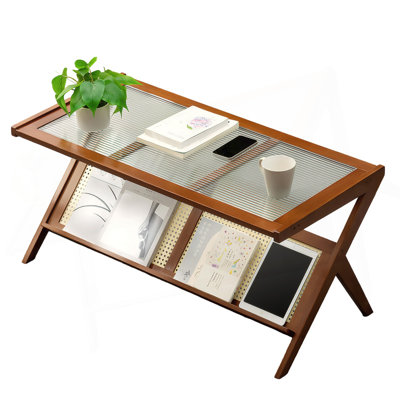 Rattan Coffee Tables For Living Room, Mid Century Modern Coffee Table With Glass Top, Large Boho Center Table With Storage, Brown by Latitude Run