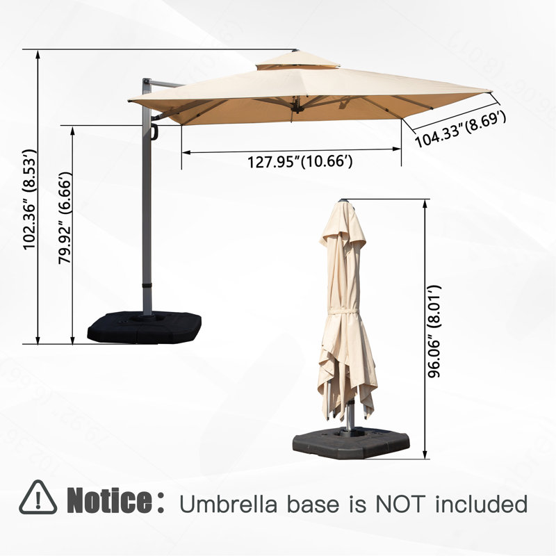Parasol de terrasse rectangulaire déporté de 2,74 m x 3,35 m avec mât central (beige, base non incluse)