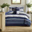 Ensemble de literie luxueuse en fausse soie 7 pièces, polyester bleu marine, style traditionnel pour un usage domestique