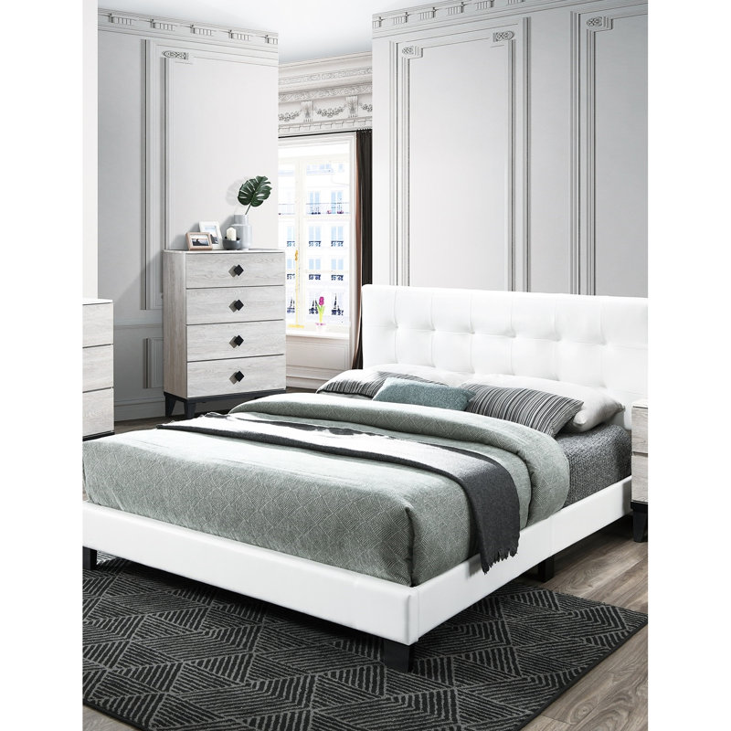 Lit double en similicuir blanc avec design contemporain, tête de lit rectangulaire, support central, lit facile à installer, aucun sommier nécessaire
