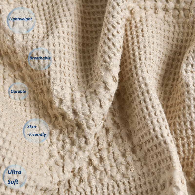 Twin Taupe and White Cotton Waffle Blanket with Sateen Binding