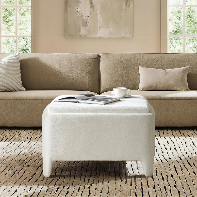 Zephyr 30"W Modern Chenille Upholstered Ottoman with Storage, Ivory