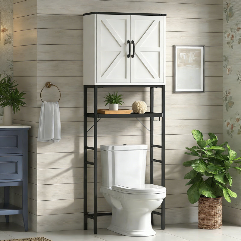 Armoire de rangement au-dessus de la toilette avec tablettes réglables, portes de grange coulissantes et dispositif de sécurité anti-basculement - Organisateur d'économie d'espace de salle de bain avec égouttoir et crochets