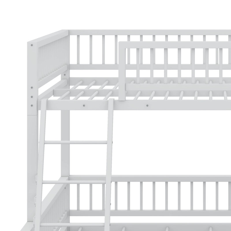 Floor-Mounted Bunk Bed Frame With Ladder, Safety Guardrails And Easy Assembly, White, Full XL over Queen