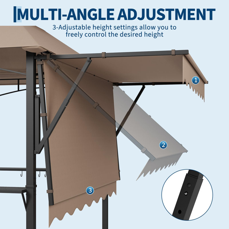 Heavy Duty Steel Grill Gazebo 8' x 5' with Double-Tier Roof, Extra 7' x 3' Awning, Shelves, Outdoor BBQ Canopy Tent for Patio Backyard, Khaki