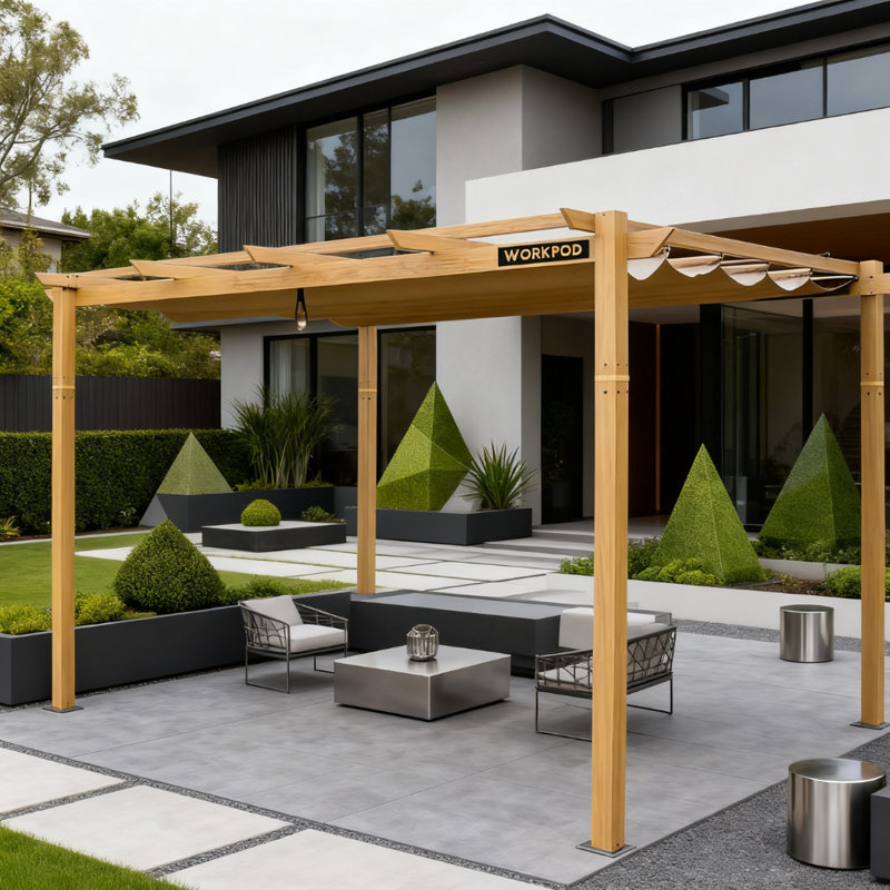 Pergola en aluminium avec finition en bois de teck avec auvent rétractable imperméable et pare-soleil résistant aux rayons UV pour patio / jardin