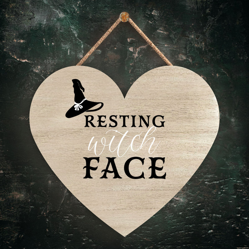 Resting Witch Face Wooden Heart Plaque