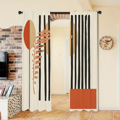 2PCS Abstract Geometric Circles Stripes Pattern Light Filtering Curtain, Boho Modern Art Design, Easy Hang Rod Pocket for Home Living Room Bedroom Kitchen Window Decoration