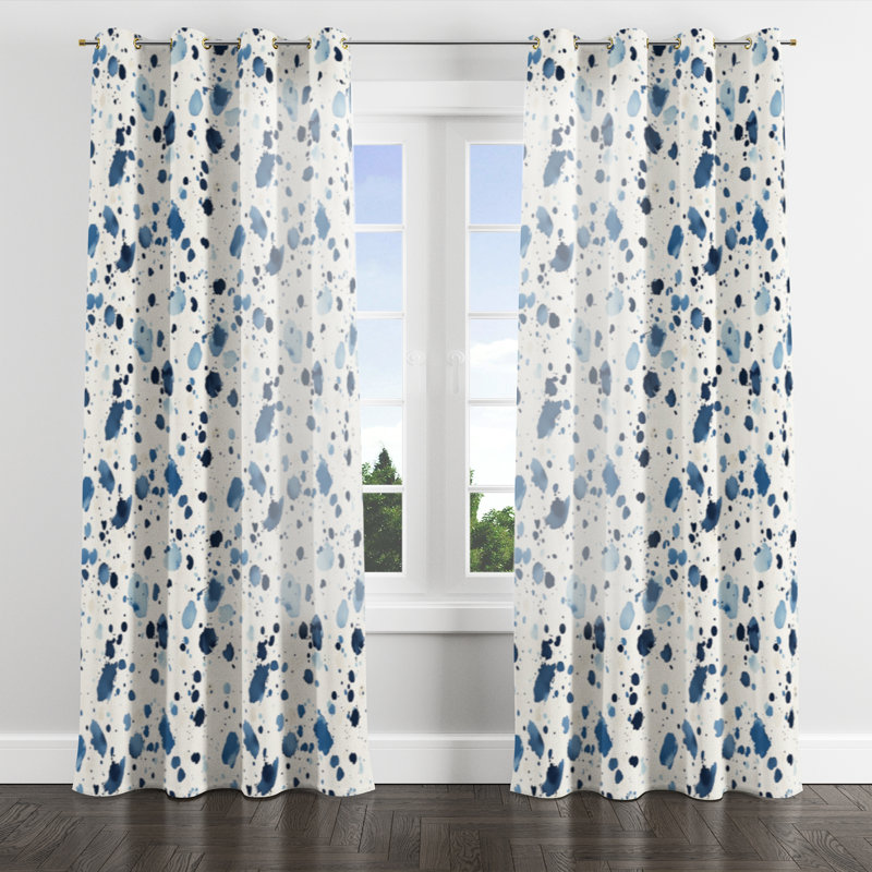 Rideaux en velours abstrait avec œillets bleu et crème - 1 panneau, L 52 po x L 95 po, Œillets dorés