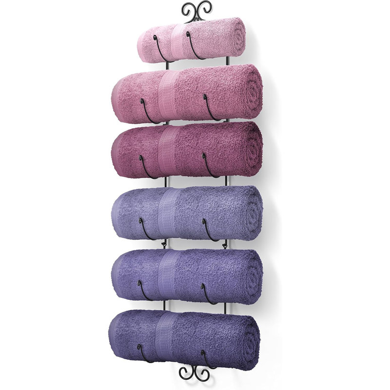 Porte-serviettes mural et porte-bouteilles de vin - Organisateur de salle de bain à 6 niveaux pour serviettes roulées, débarbouillettes, spa, gymnase, véhicule récréatif - Support à vin de cuisine multifonctionnel pour bar ou cave