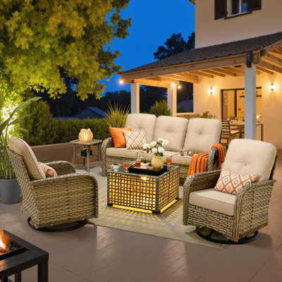 5 Person Outdoor Rattan Patio Conversation Sets, Including Cushions, Swivel Rocking Chair, Coffee Table With Light And Storage Side Table